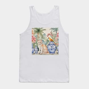 Ginger cat and macaw parrot in chinoiserie landscape Tank Top